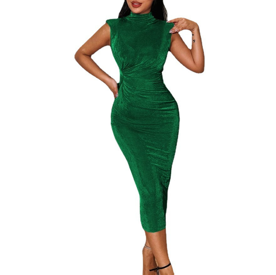 Womens Slim-Fit Half-Neck Pleated Sleeveless Dress