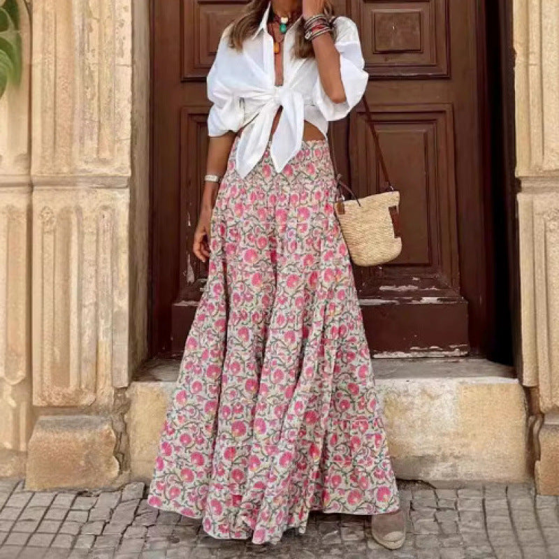 Womens Creative Loose Print Long Swing Skirt