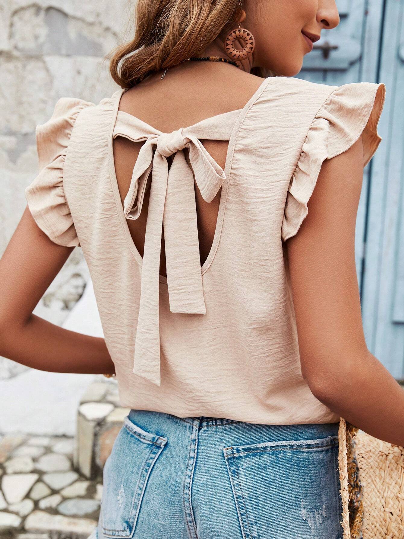 Women's Solid Color Round Neck Pullover Blouse With Ruffles
