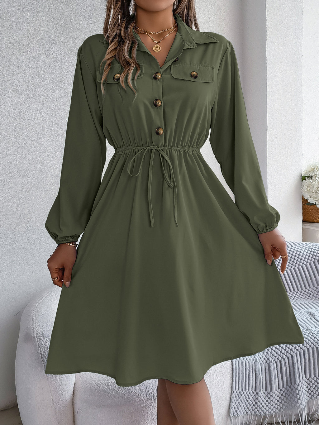 Women  Casual Button Tie Waist Long Sleeve Shirt Dress