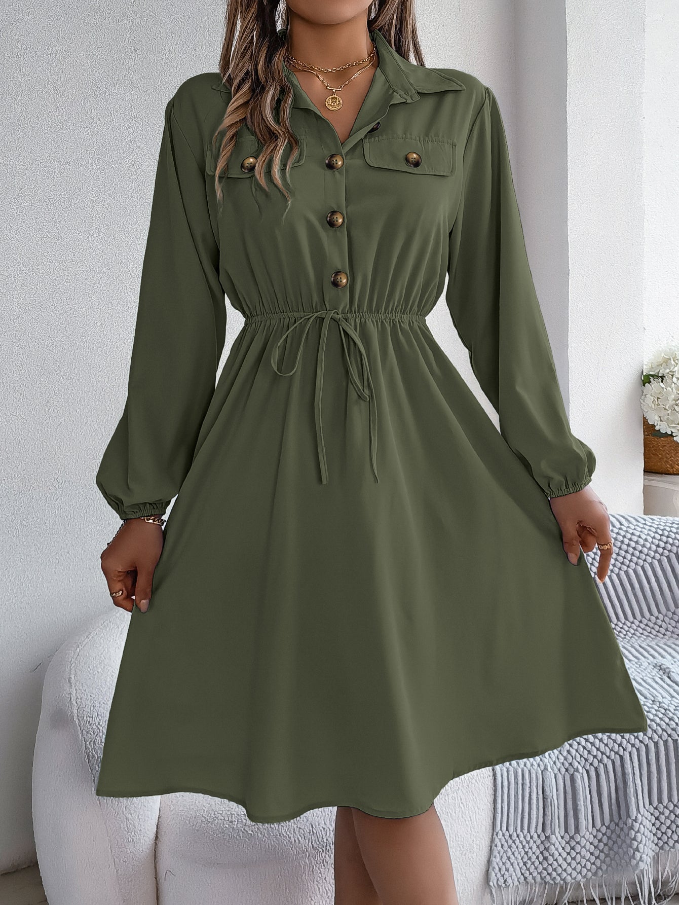 Women  Casual Button Tie Waist Long Sleeve Shirt Dress