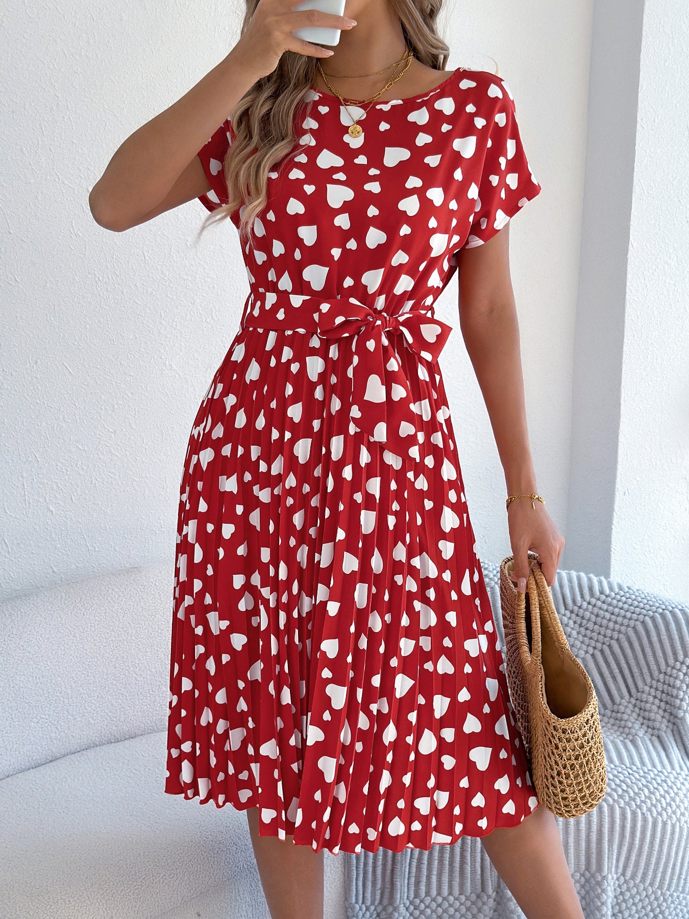 Women's Casual Color Block Heart Print Short Sleeve Tie Waist Pleated Dress