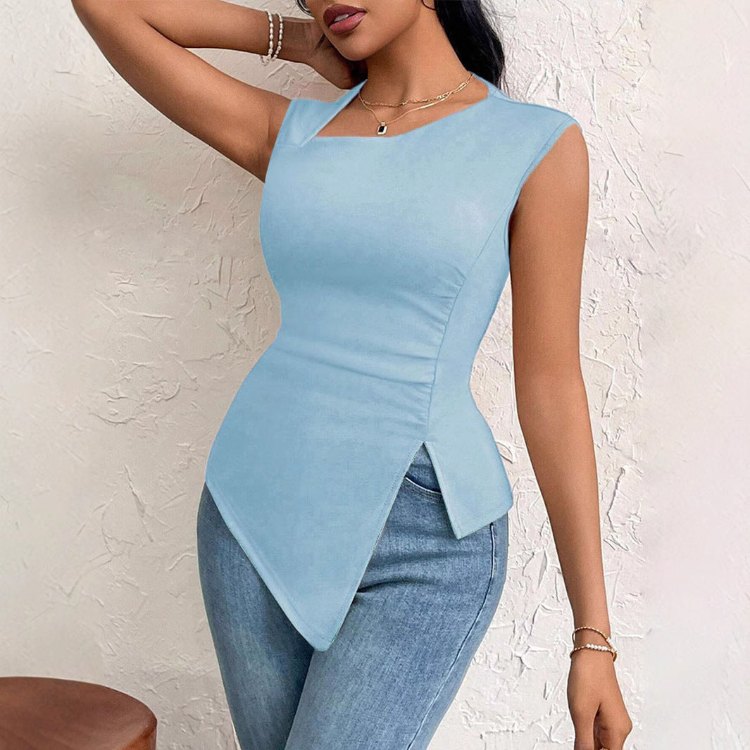 Diagonal Collar Slim-fit Solid Color Short Sleeve Women