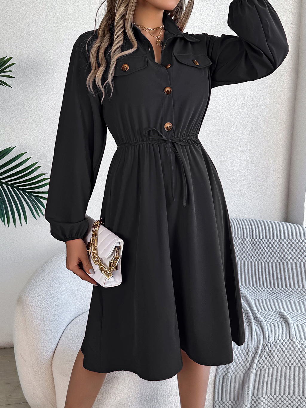 Women  Casual Button Tie Waist Long Sleeve Shirt Dress