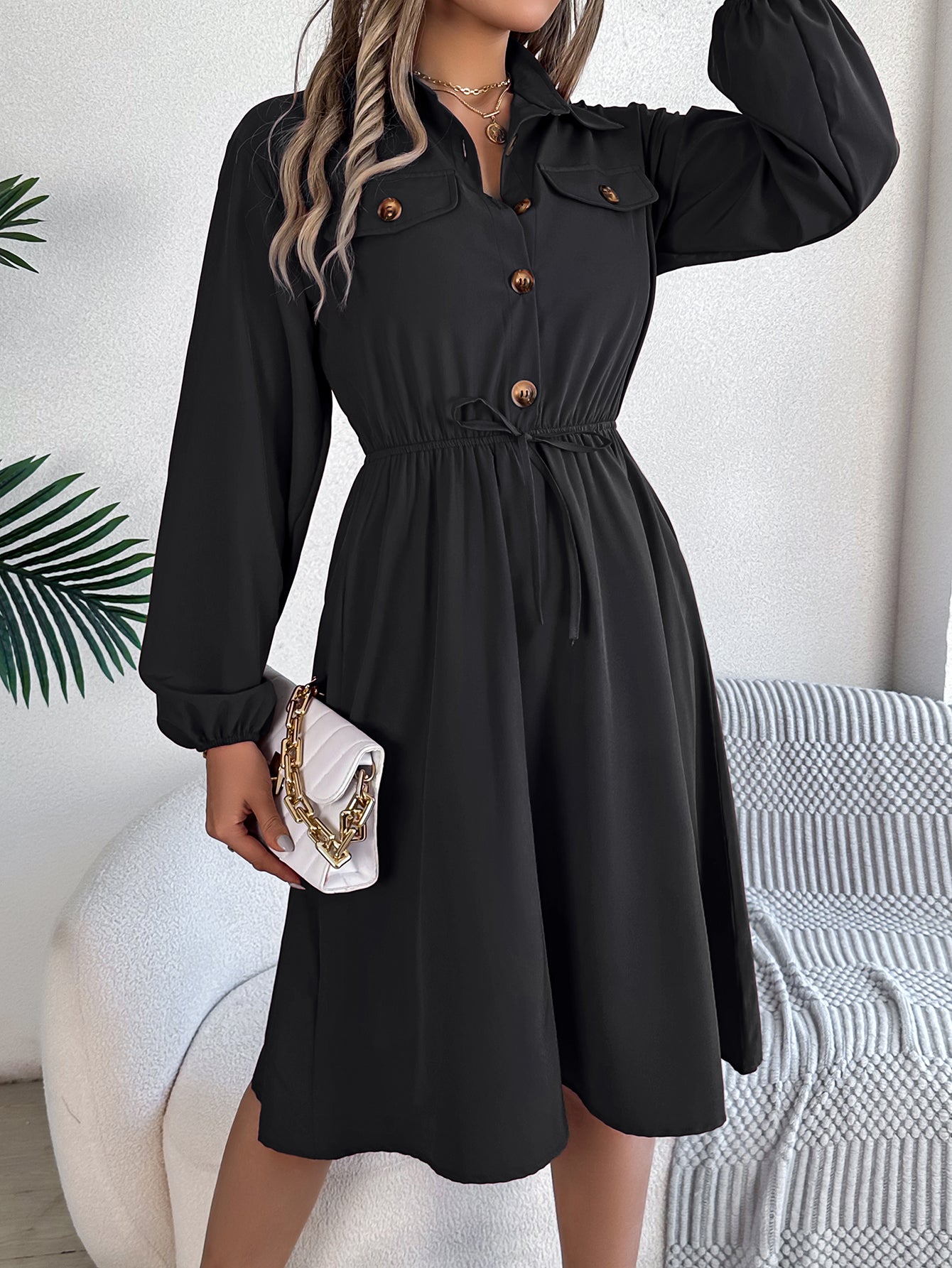 Women  Casual Button Tie Waist Long Sleeve Shirt Dress