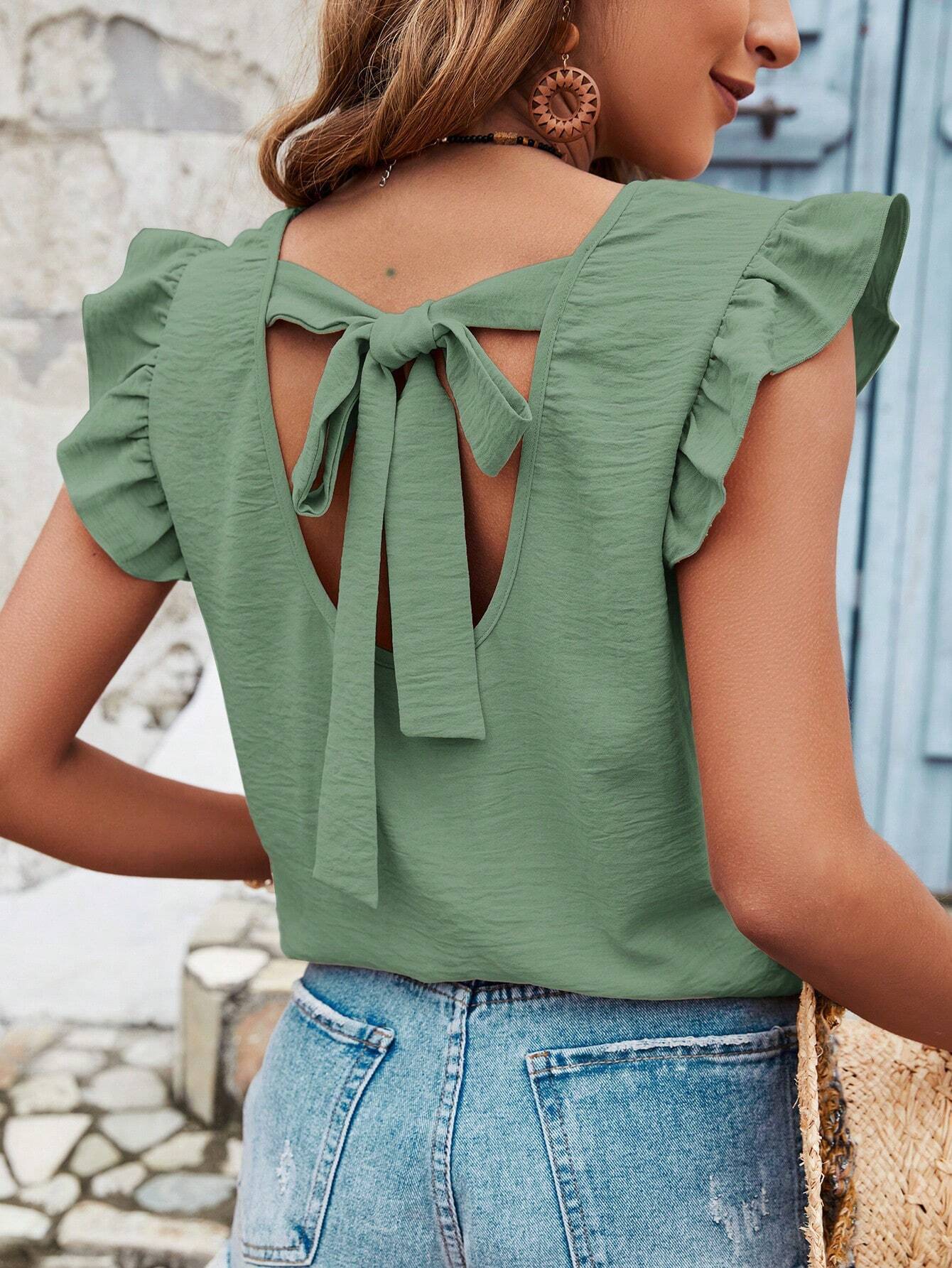 Women's Solid Color Round Neck Pullover Blouse With Ruffles