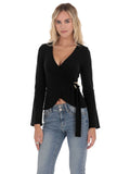 French Niche Design Women's Black V-neck Long-sleeved Waist-cinching Knit Top
