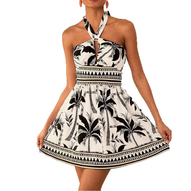 Printed Lace-up Sleeveless Halterneck Slip Dress For Women