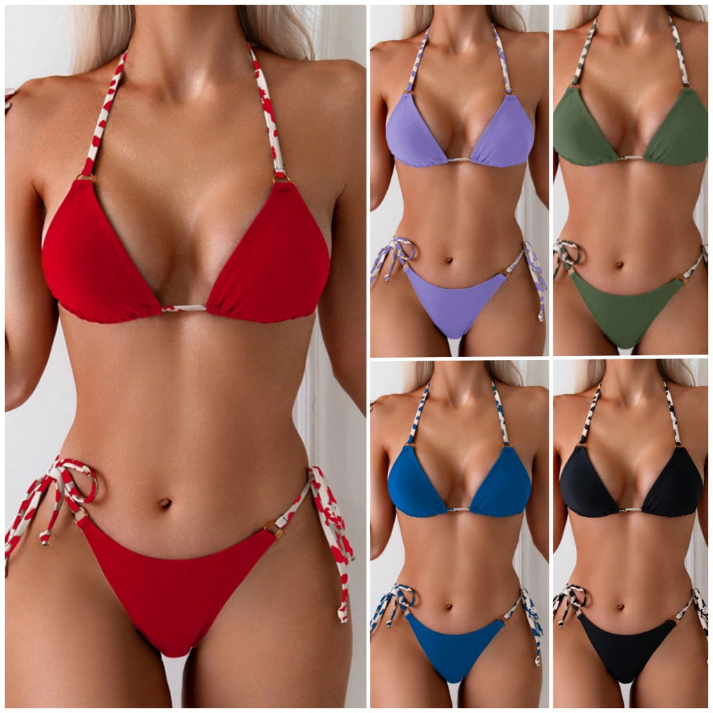 Womens Sexy Backless Lace-Up Drawstring Swimsuit Set