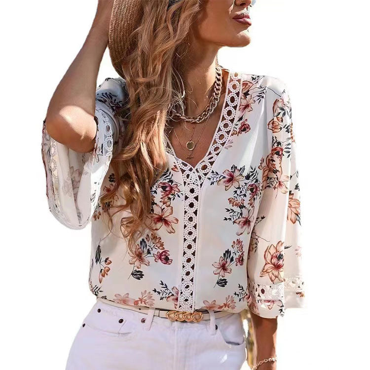 Loose V-neck Elegant Commuting Bell-sleeve Lace Top