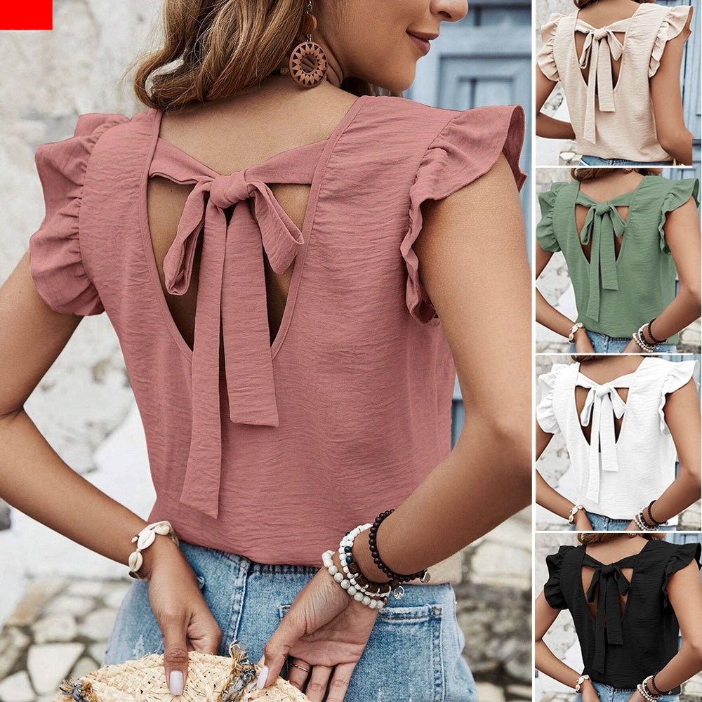 Women's Solid Color Round Neck Pullover Blouse With Ruffles