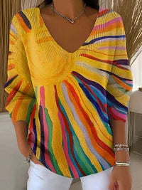 New Drop-shoulder V-neck Long-sleeve Printed Women's Pullover
