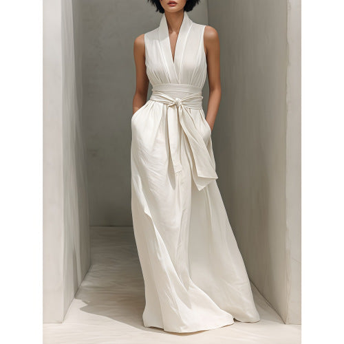 Mori Girl Style V-Neck Sexy Backless Fresh And Sweet White Cathedral Train Maxi Dress