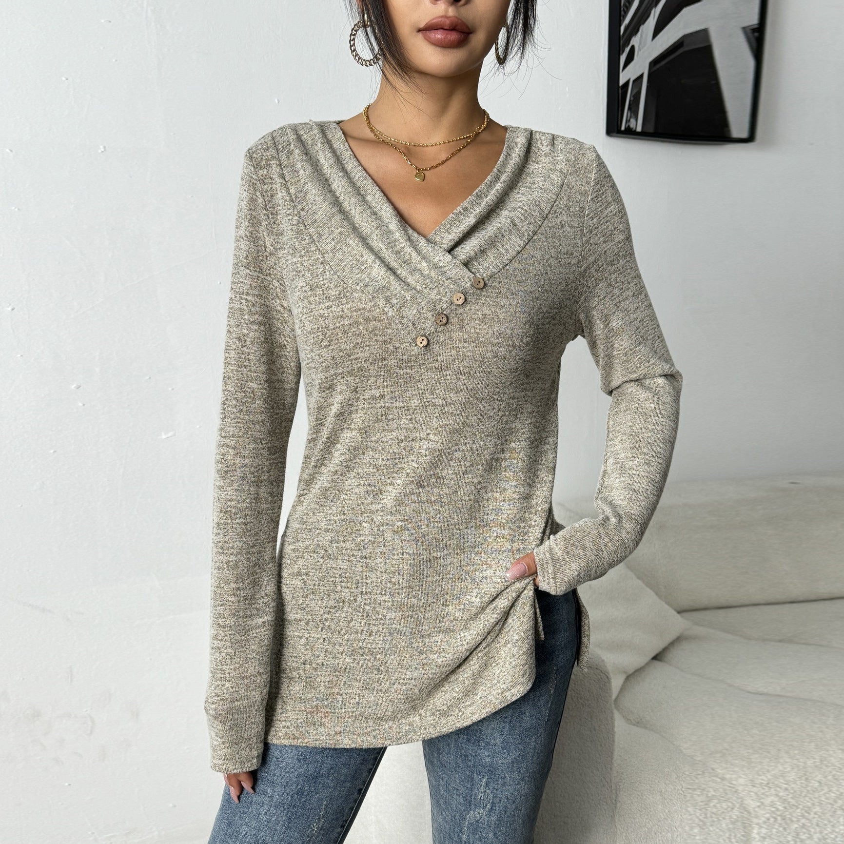 Women's Long Sleeve V-neck Button-up Shirt