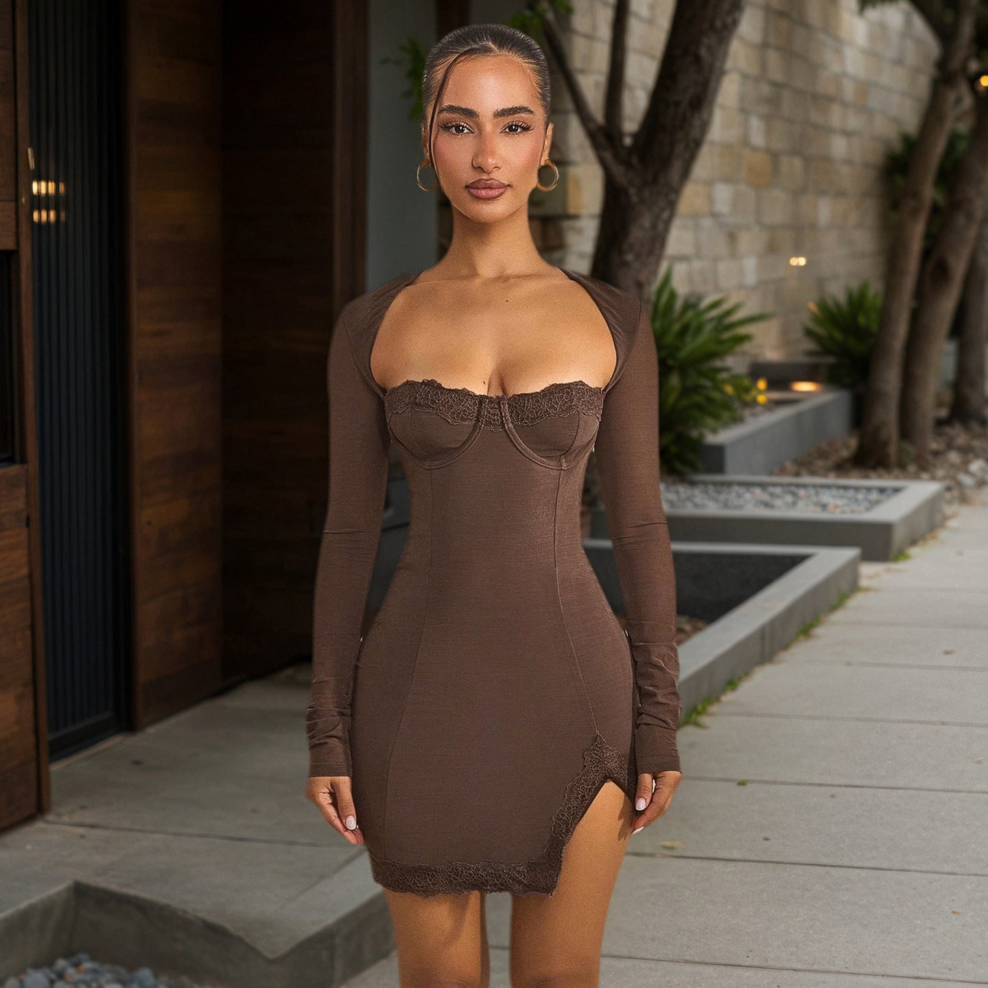 Womens Sexy Form-Fitting Lace-Panel Split Dress