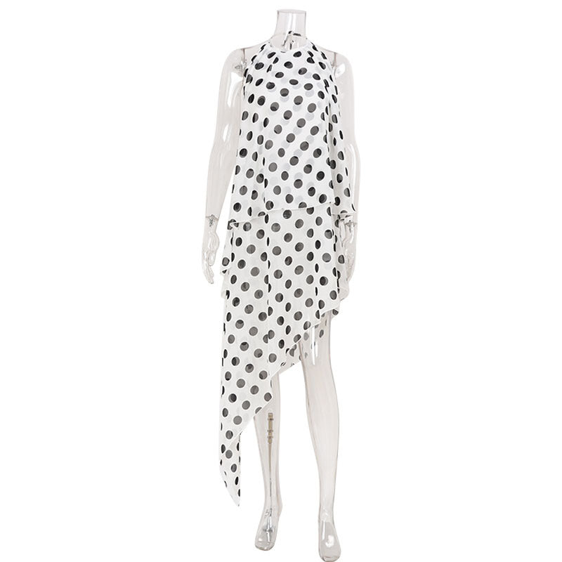 Womens Sleeveless Halterneck Polka-Dot Printed Asymmetrical Dress