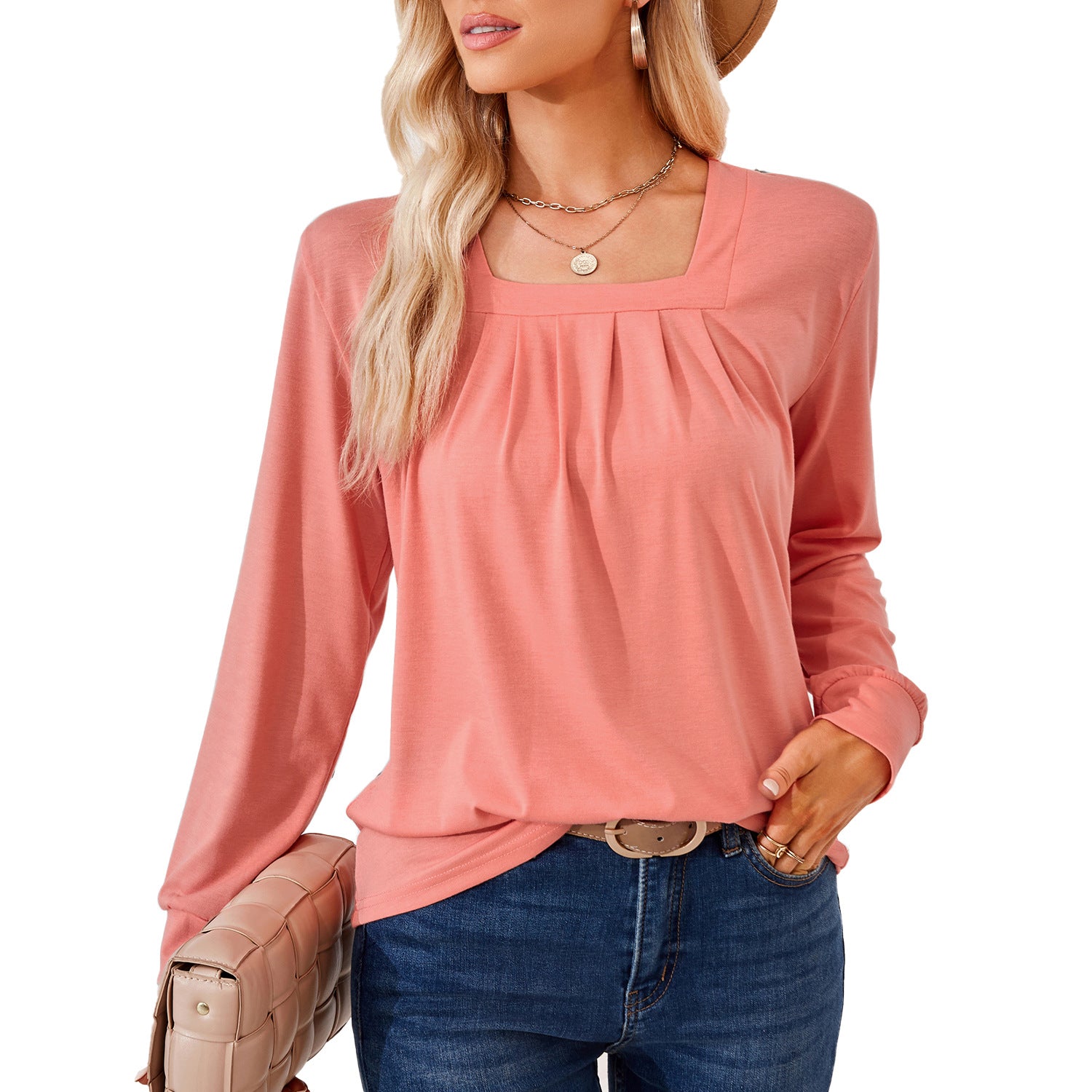 Loose-fitting T-shirt With A Square Neckline Pleats And Long Sleeves