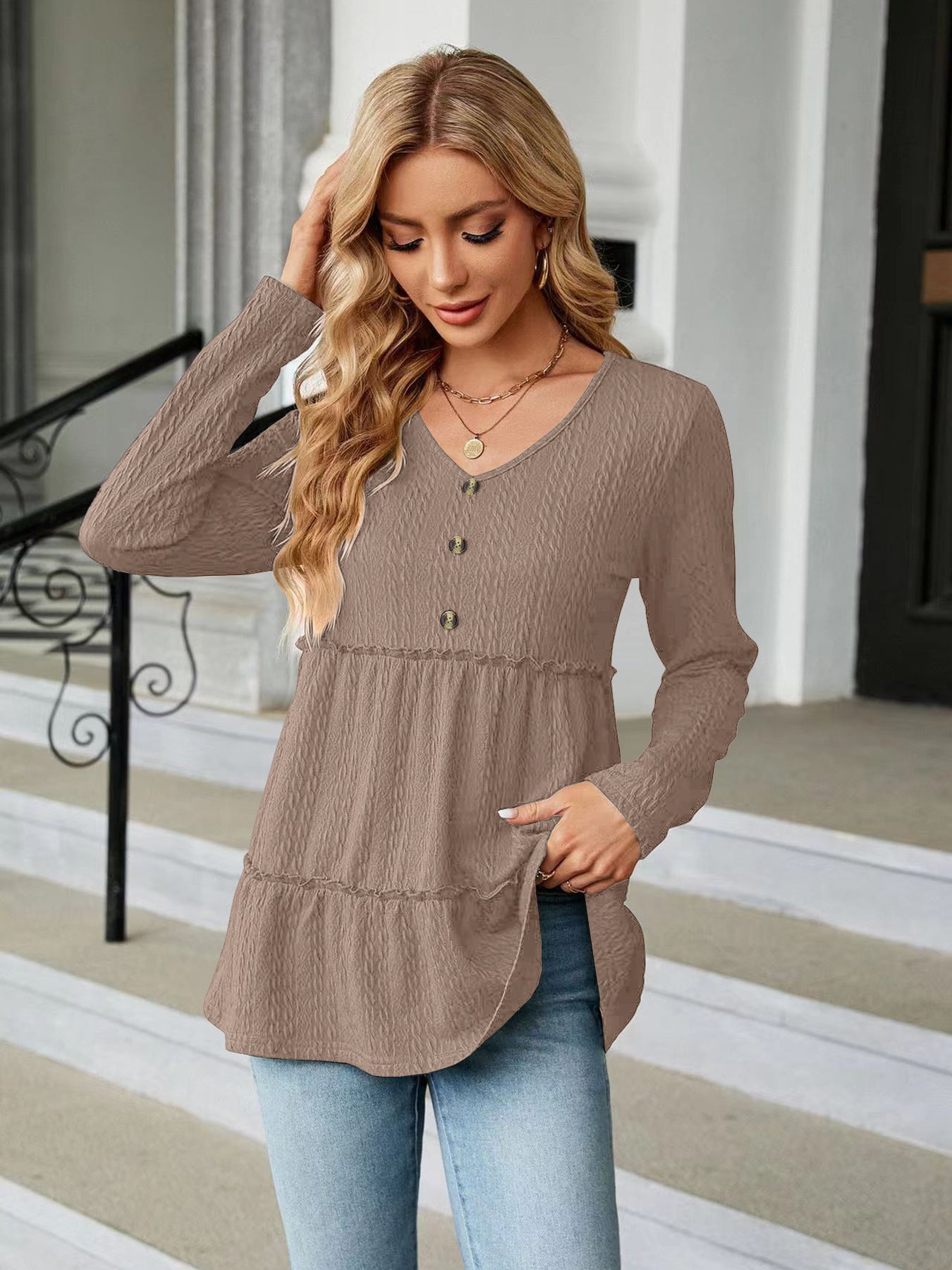 Women's Solid-color V-neck Button-panel Loose Long-sleeve Top