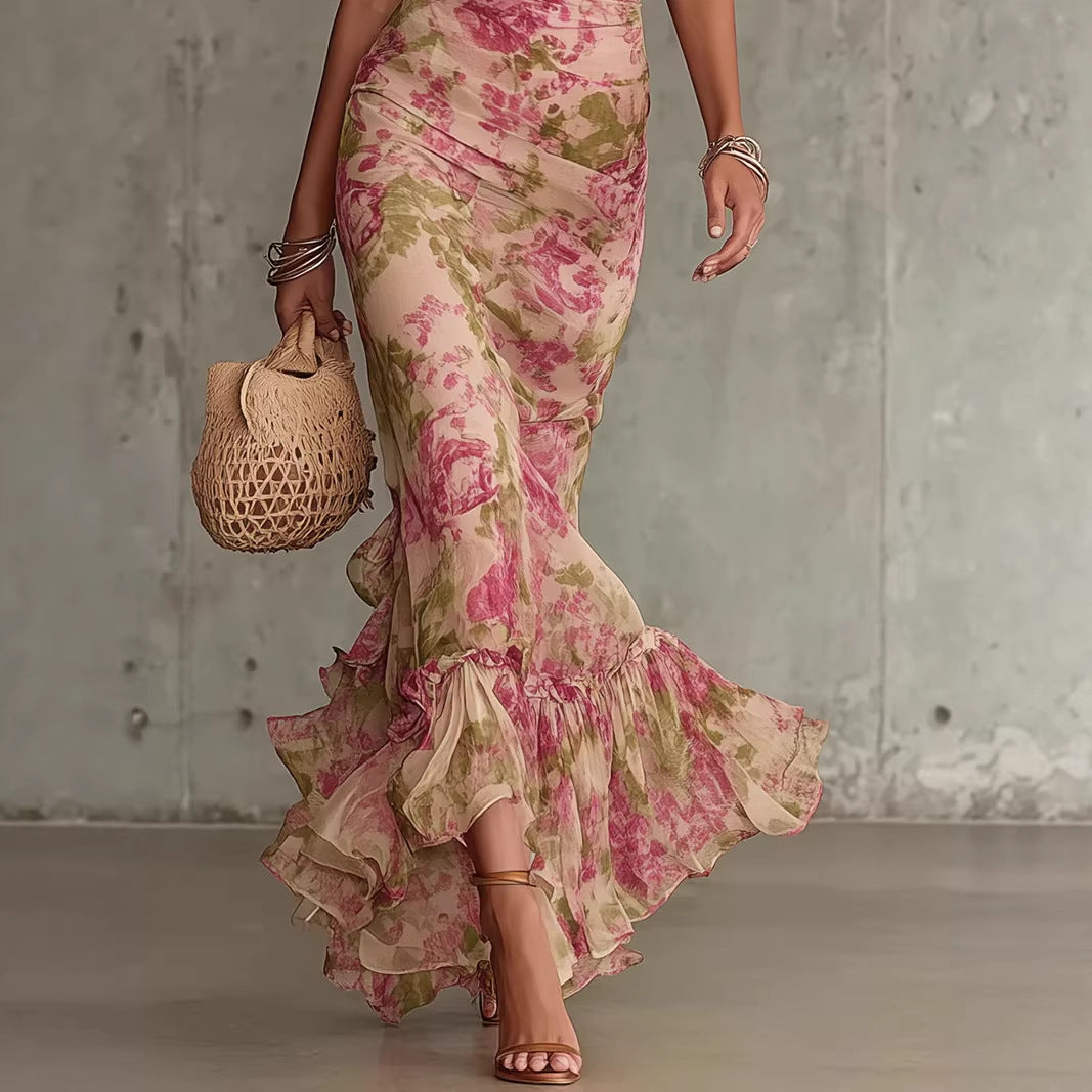 Puff-sleeve Printed Slim-fit Long Pleated Dress