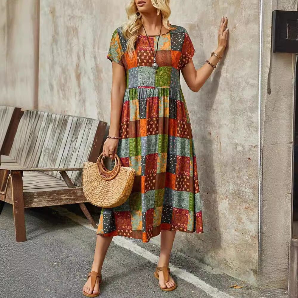 Womens Retro Colorful Polka-Dot Square-Printed Maxi Dress