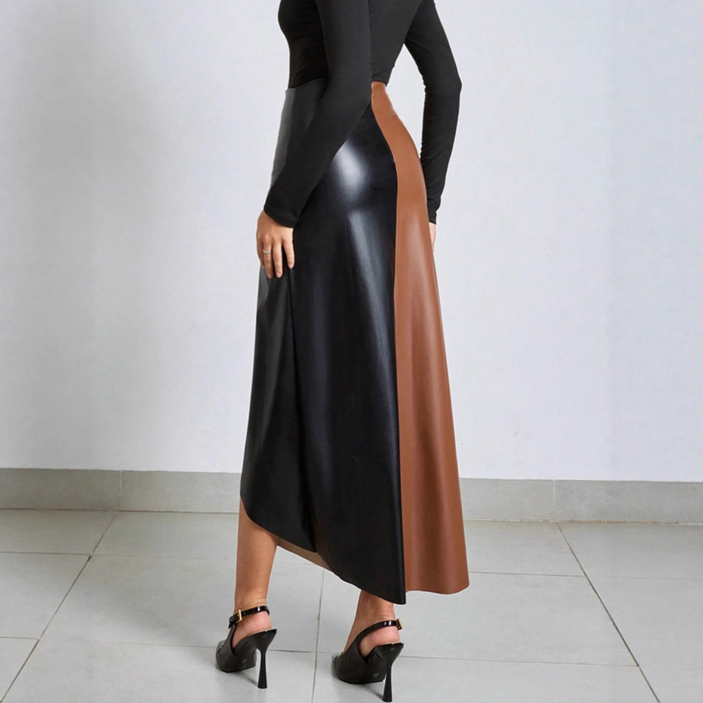 PU Colorblock Leather Skirt High-Waisted Zipper Midi Skirt