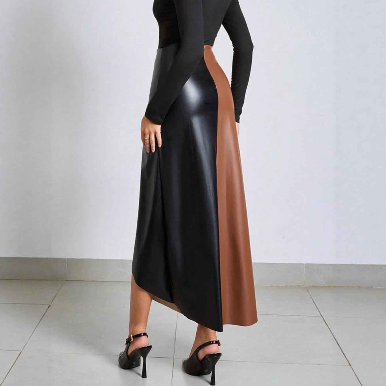 PU Colorblock Leather Skirt High-Waisted Zipper Midi Skirt