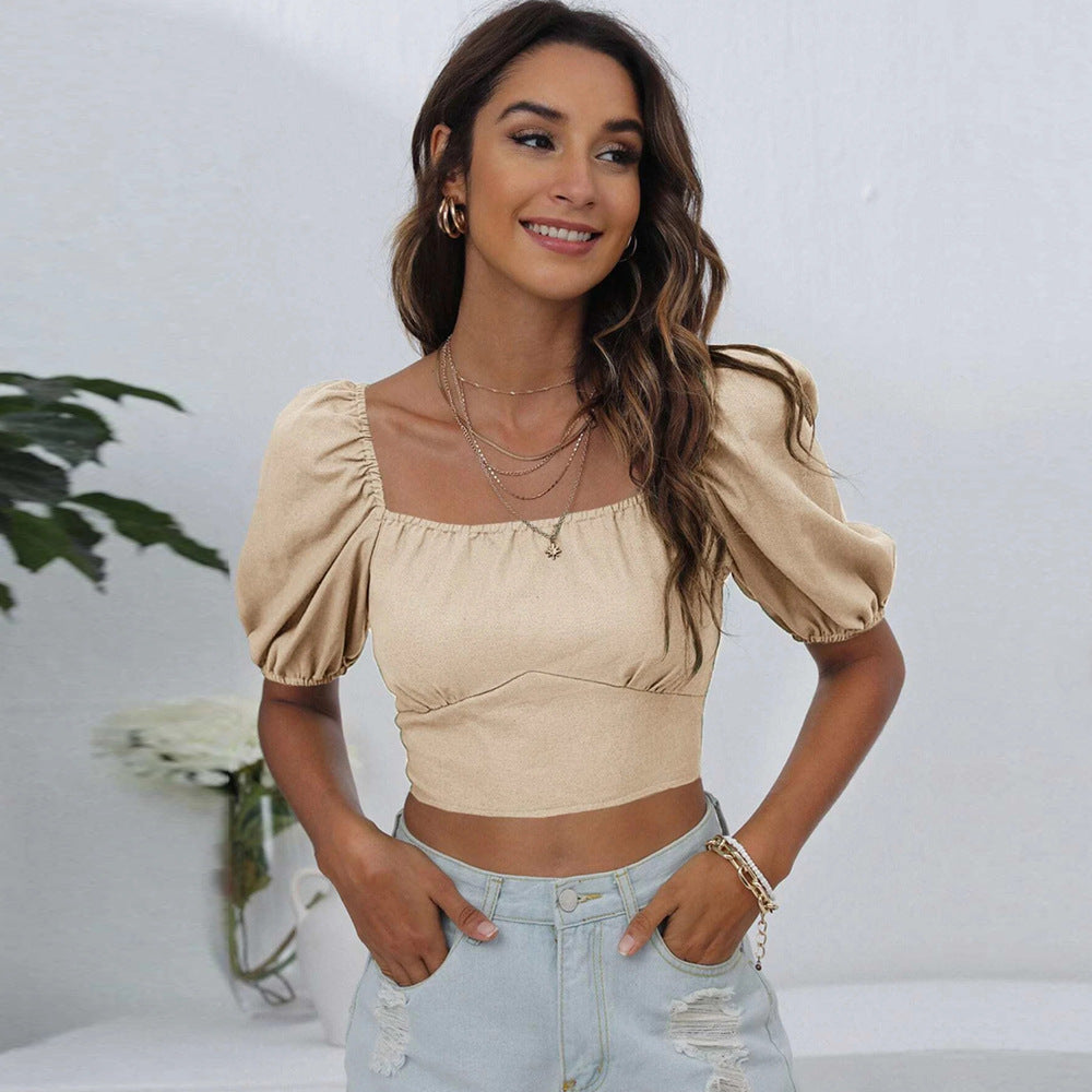 Square Neck Lantern Sleeve Solid Color Backless Tie T-shirt