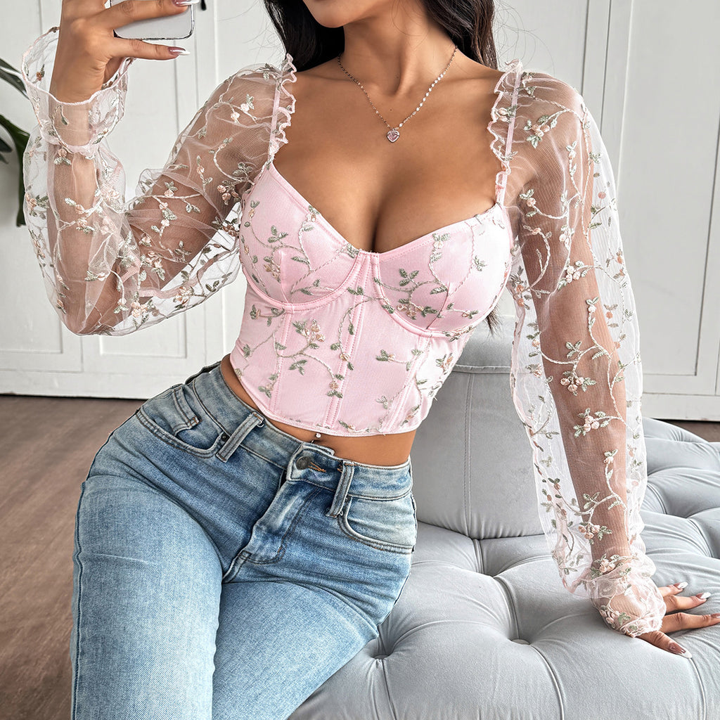 Women's Embroidered Patchwork Sheer Mesh Long-Sleeve Top