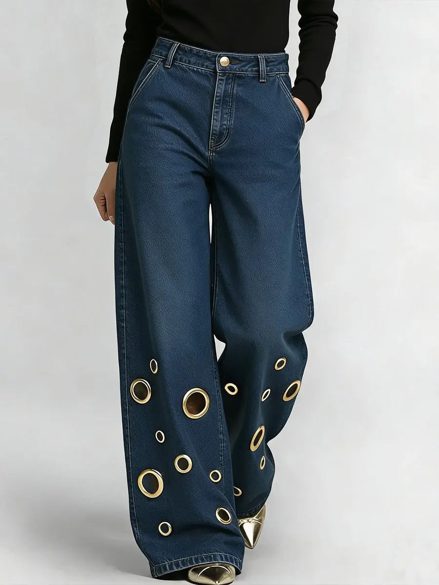 High-waisted Loose-fit Denim Jeans With Cutout Detailing And Metal Eyelets