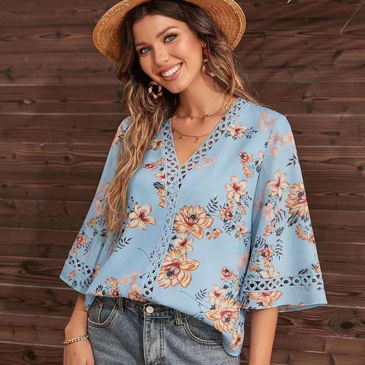 Loose V-neck Elegant Commuting Bell-sleeve Lace Top