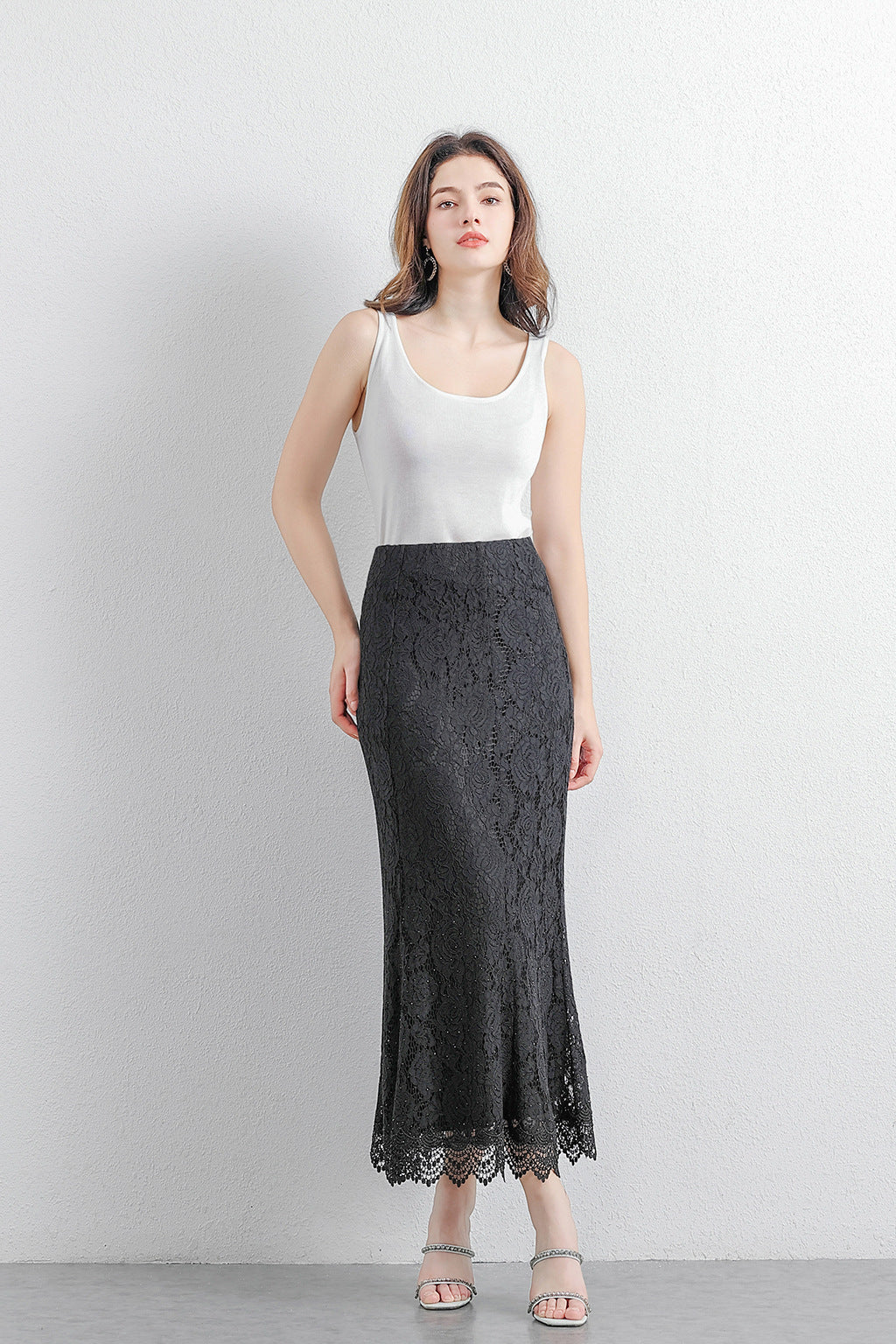 Hollow-out Rhinestone High-waist Figure-flattering Long Skirt