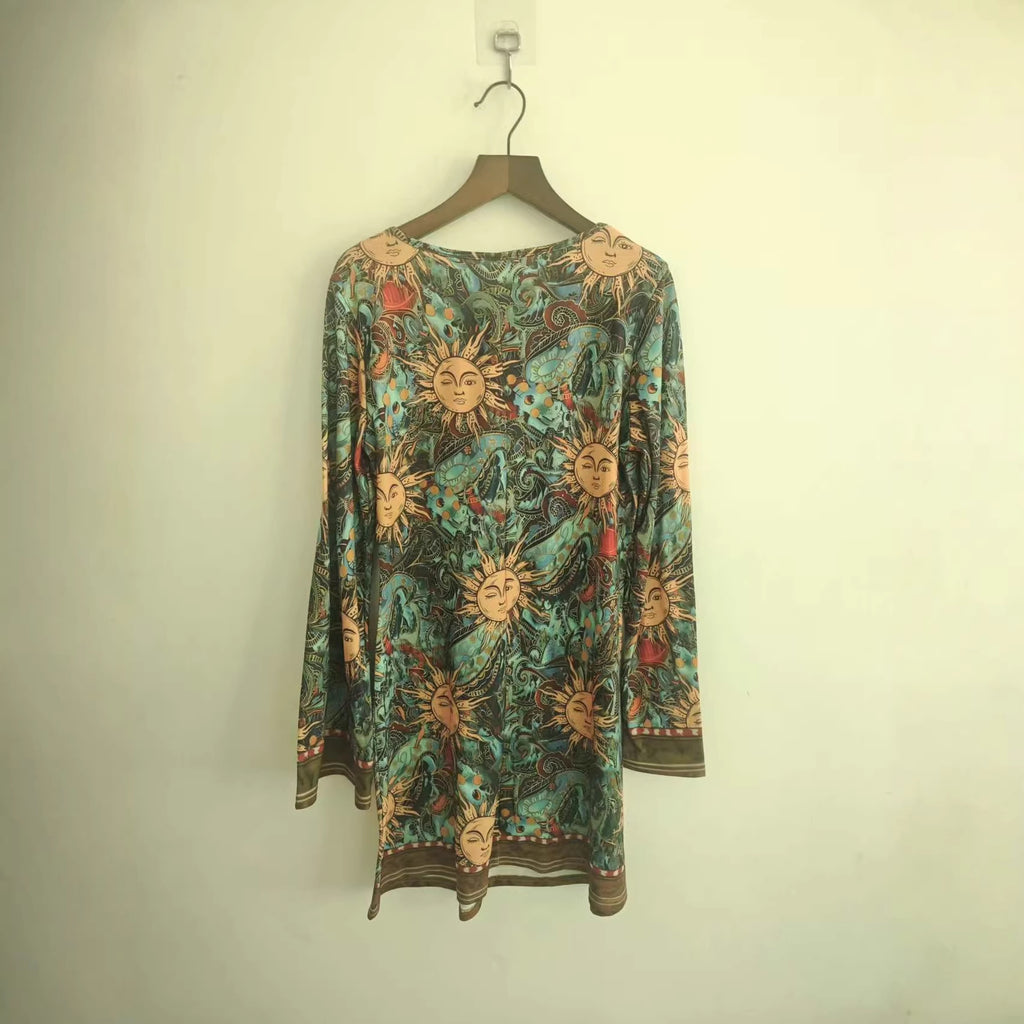 Spring Autumn Cinched-waist Floral A-line Dress