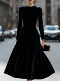Womens Solid-Colored Casual Velvet Crew-Neck Long-Sleeve Dress