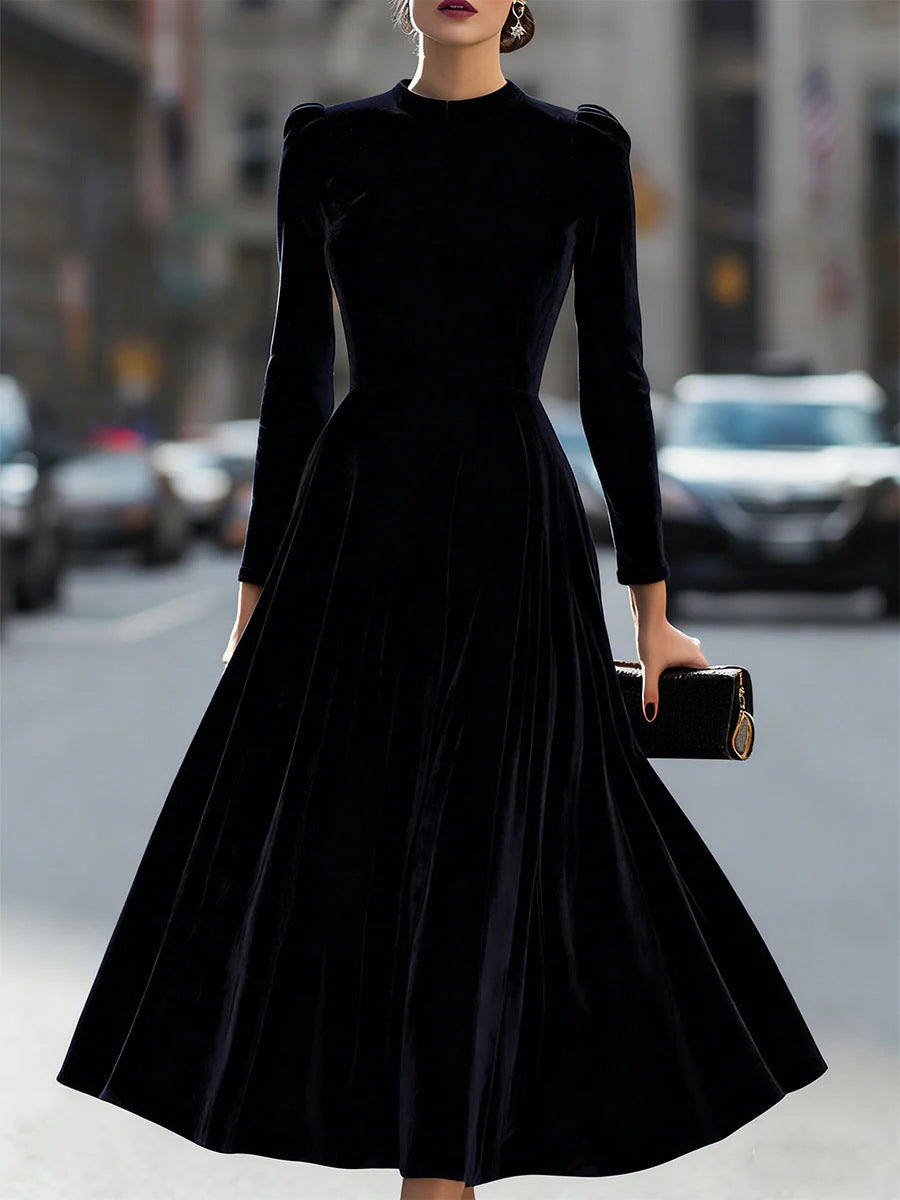 Womens Solid-Colored Casual Velvet Crew-Neck Long-Sleeve Dress