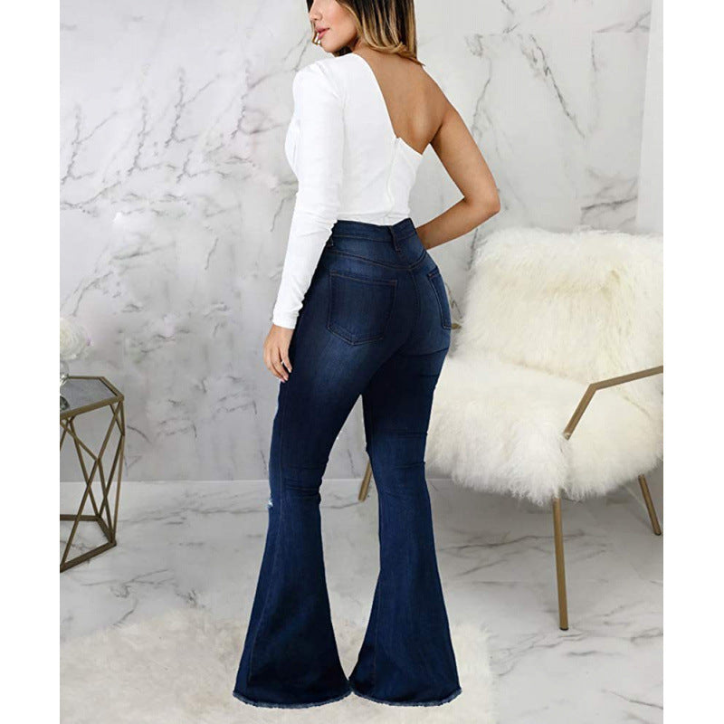 High-Elastic Ripped Flare Jeans For Women