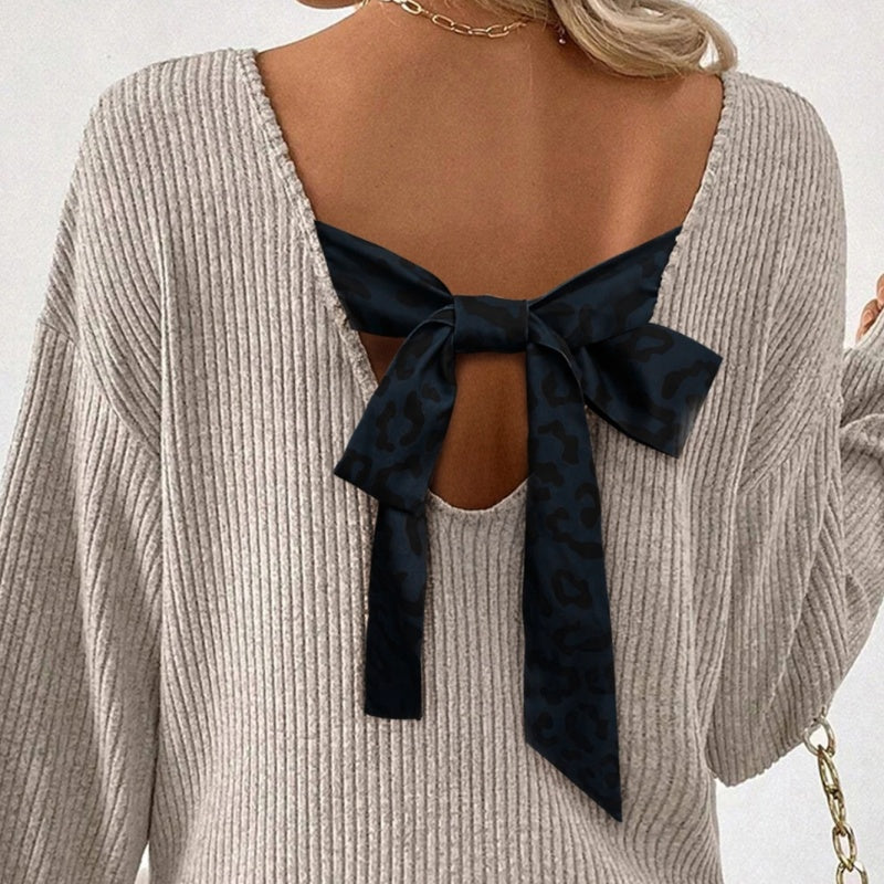 Contrast-color Satin Ribbon Bow Backless Drop-shoulder Long-sleeve Top