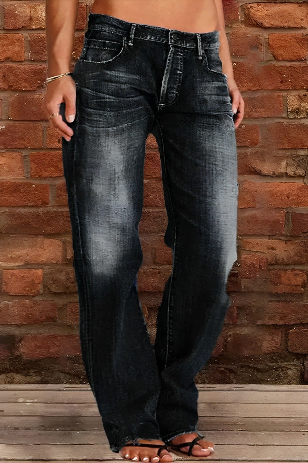 Floral-bud High-waist Raw-edge Jeans For Women