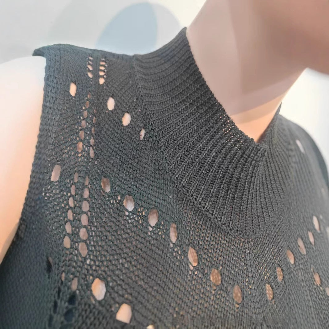 Womens Fashion High-Neck Sleeveless Hollow-Out Knitted Dress