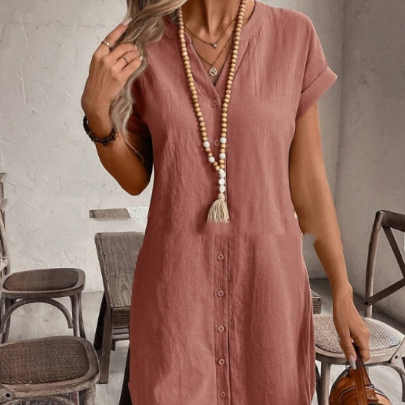Color Cotton-linen V-neck Button-up Loose Casual Dress