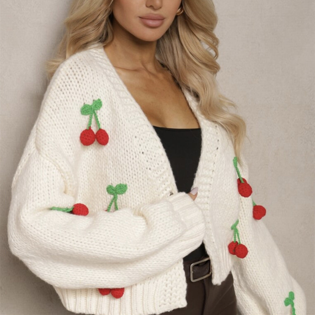 3D Cherry Pattern Women's Elegant Cardigan Sweater