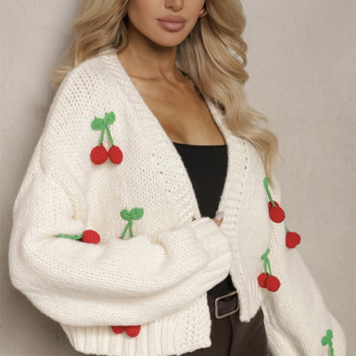 3D Cherry Pattern Women's Elegant Cardigan Sweater