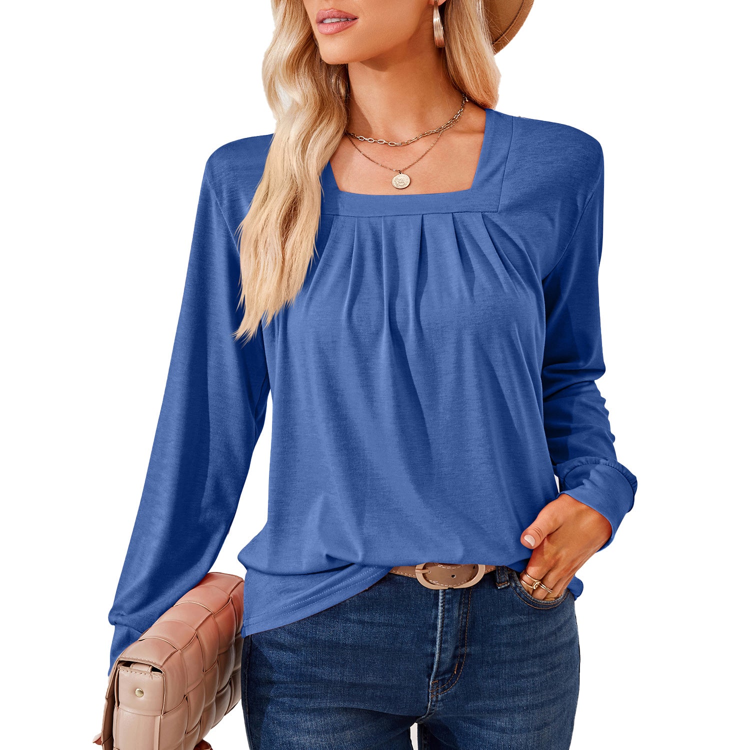 Loose-fitting T-shirt With A Square Neckline Pleats And Long Sleeves