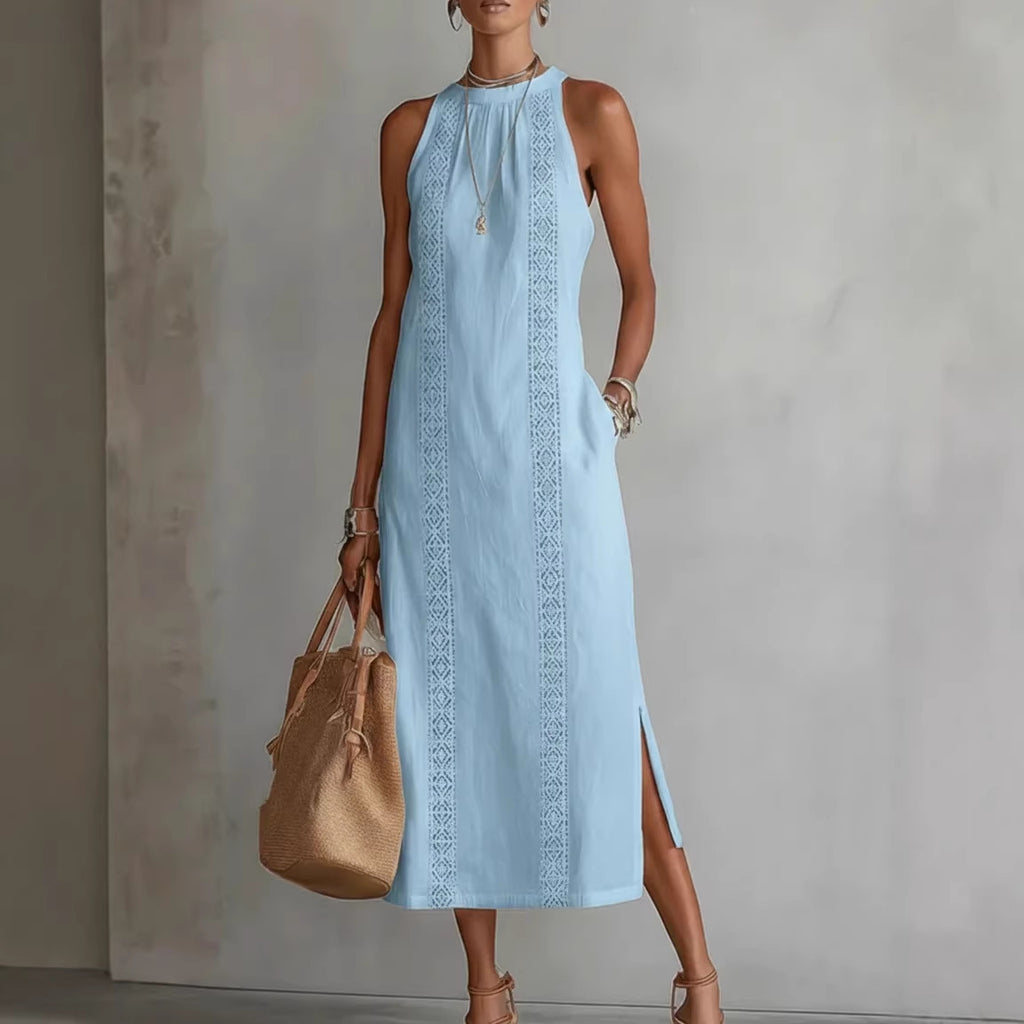 Womens Halterneck Holiday Lace-Patchwork Sleeveless Dress