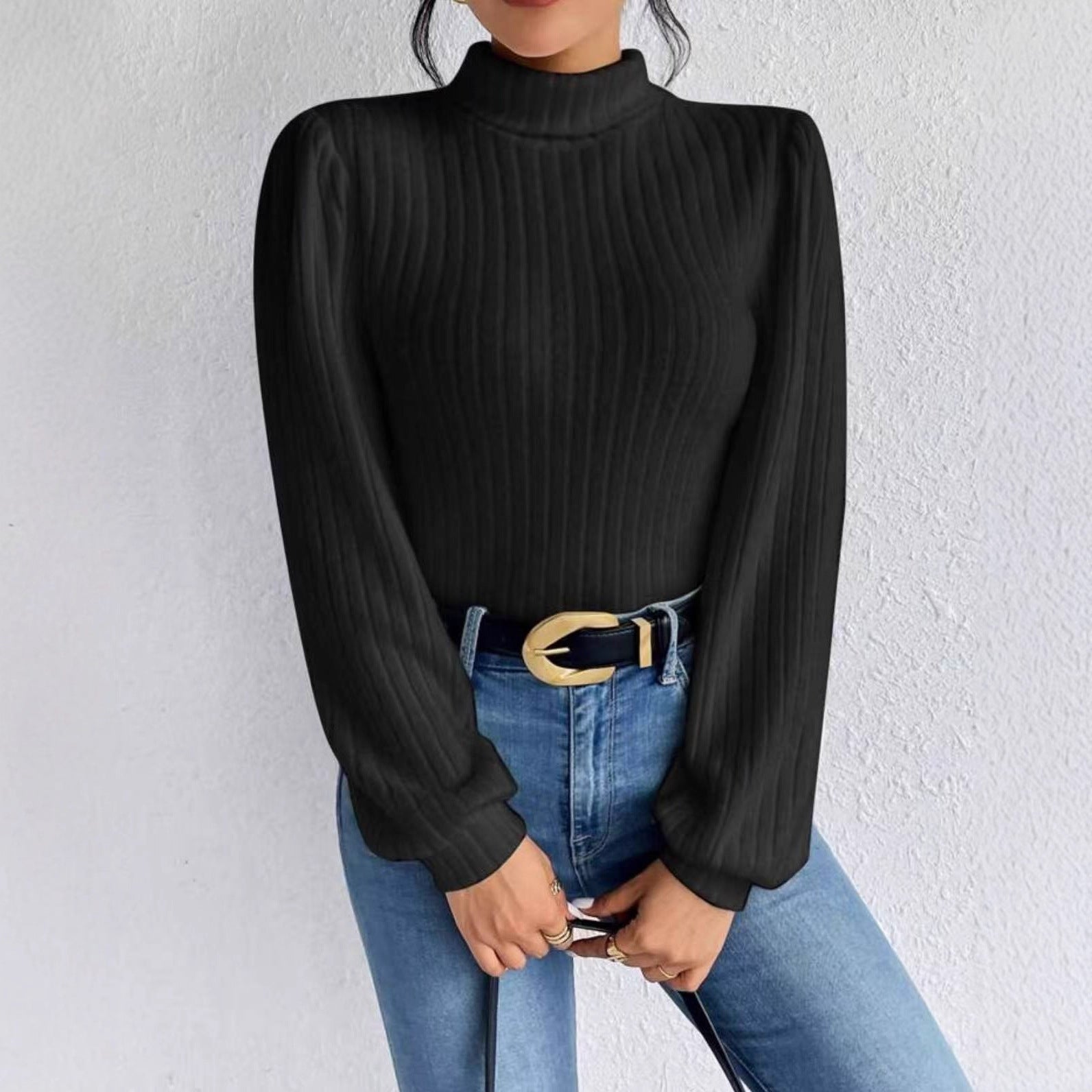 Knitted Brushed-fabric Top With A Turn-down Collar And Lantern Sleeves