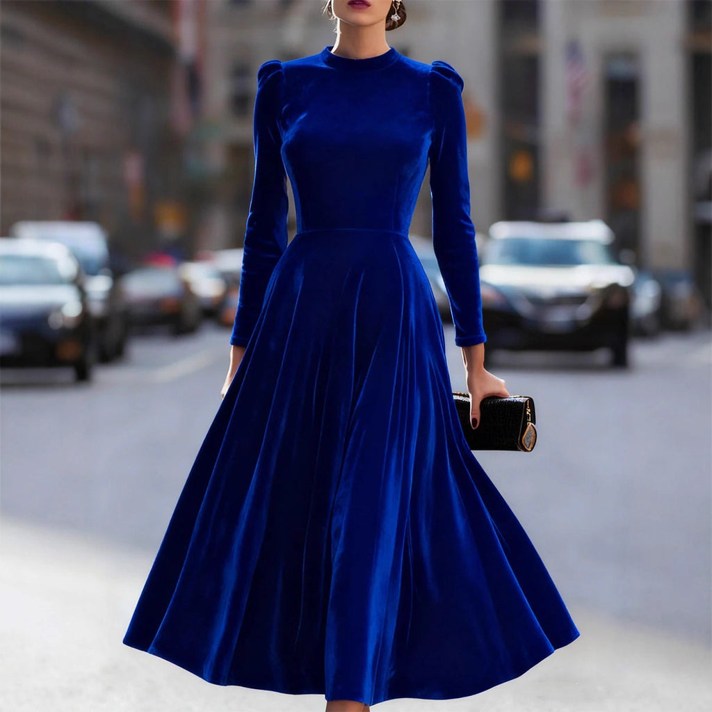 Womens Solid-Colored Casual Velvet Crew-Neck Long-Sleeve Dress