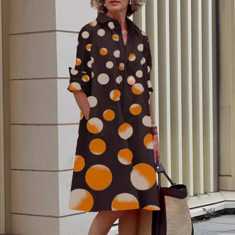 Elegant Polka-dot Printed Shirt-collar Mid-length Dress With Long Sleeves