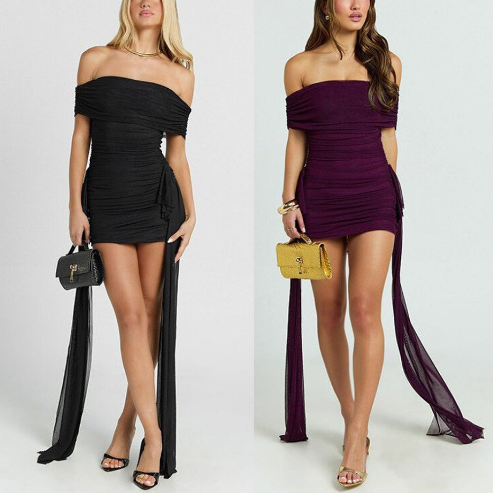 Off-the-shoulder Pleated Flowing Ribbon-fit Mini Dress