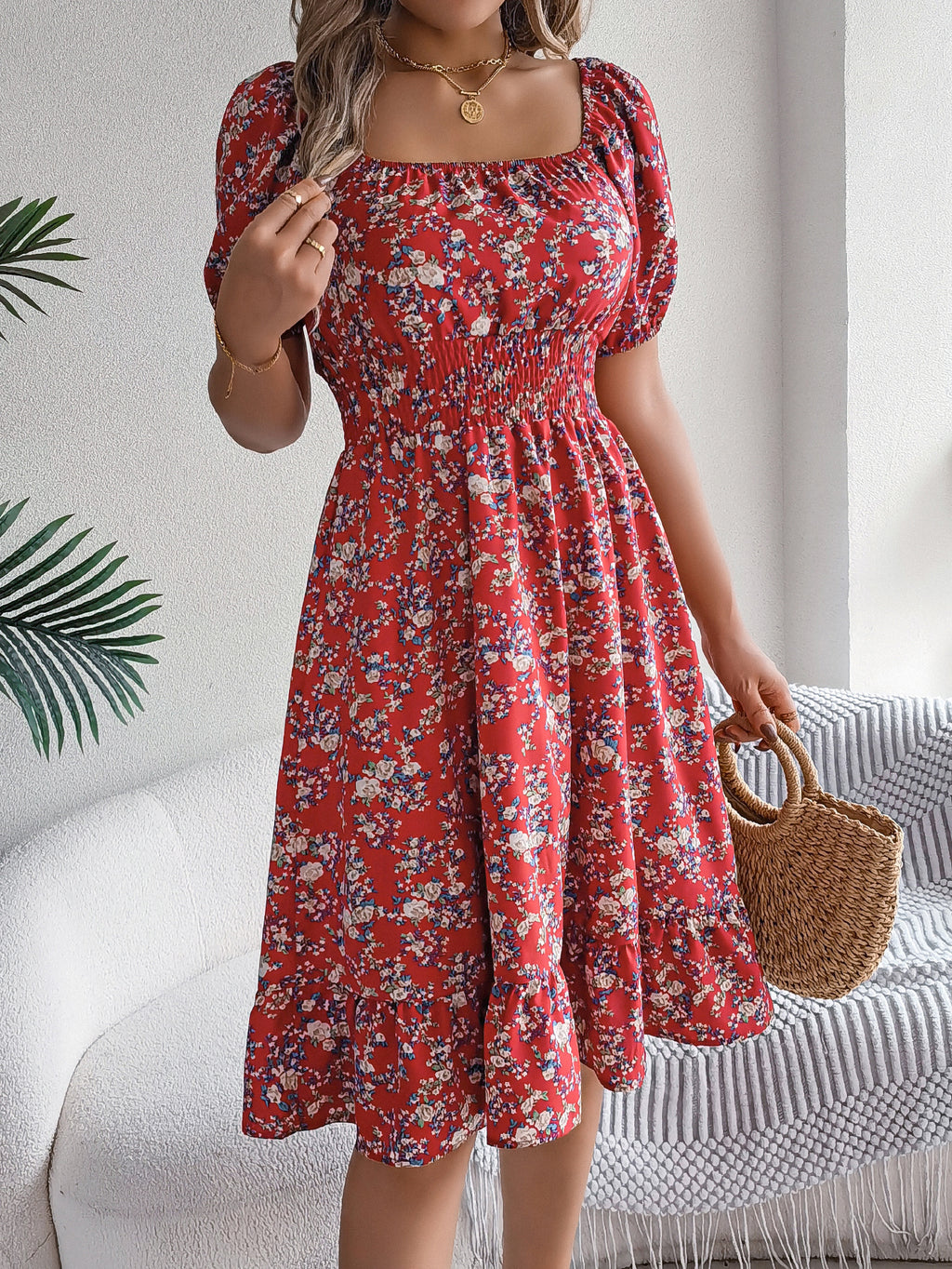 Women's Floral Print Square Neck Short Sleeve Tie Waist Ruffle A-Line Dress