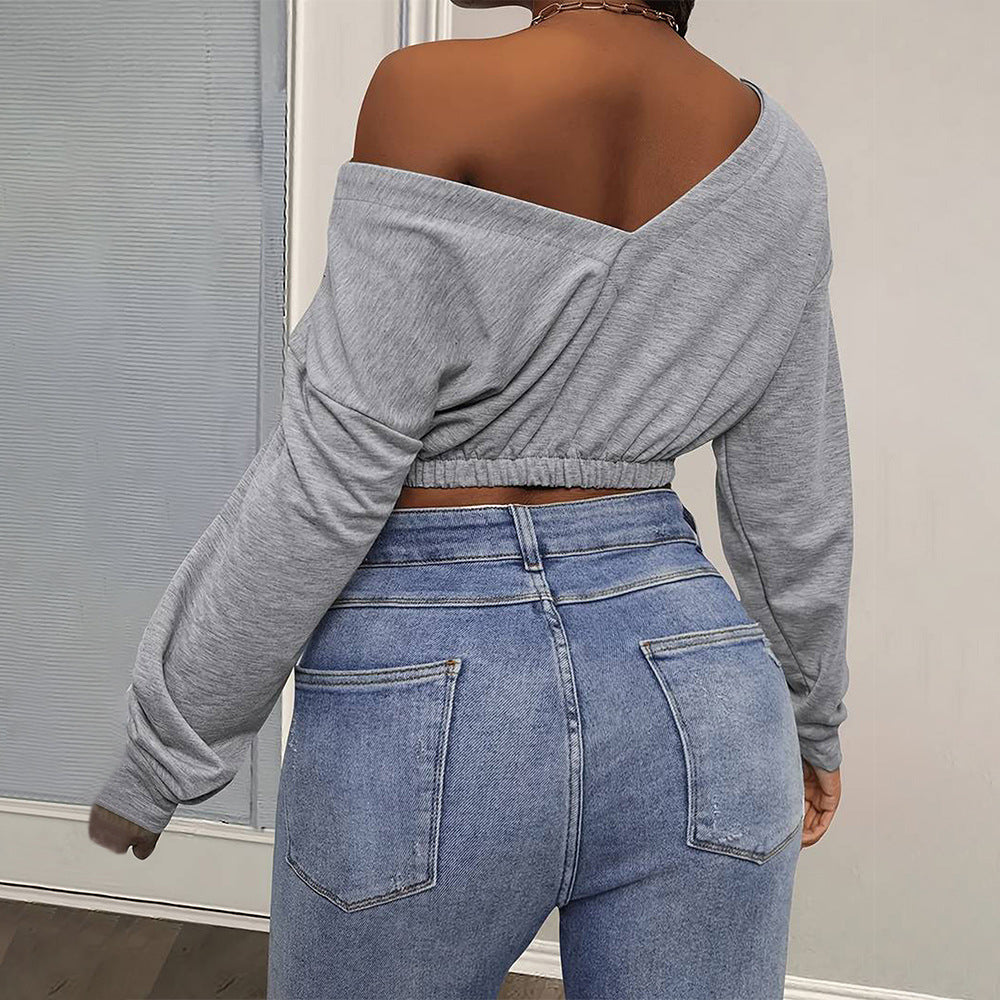 Autumn And Winter Women's New European And American Sexy V-neck Top T-shirt Casual Sports Fashion Cropped Sweatshirt