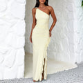 Women's Slant-Shoulder Ruffle-Front Split Dress